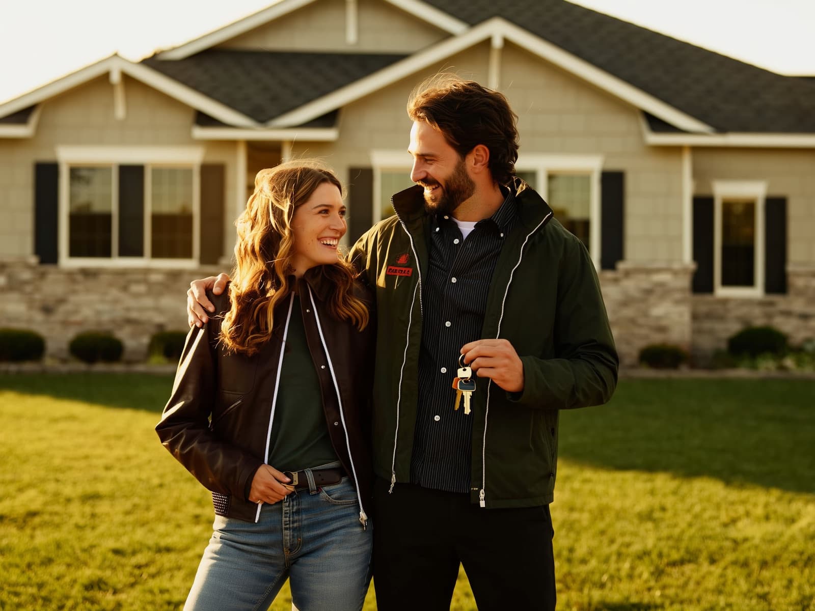 A couple holding the keys to their new home at golden hour